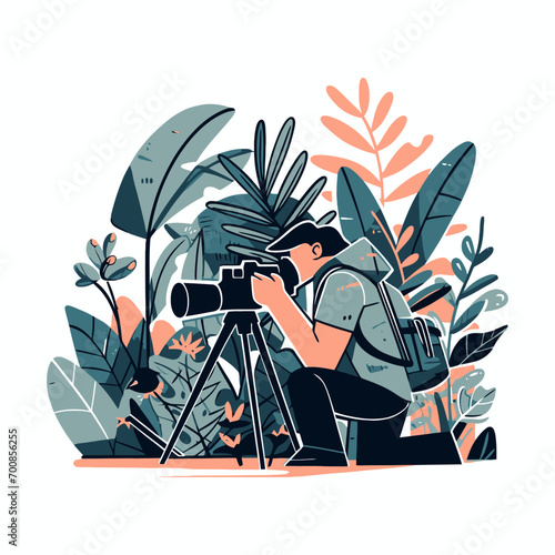 A photographer capturing the beauty of a rare bird in a tropical rainforest, vector illustration