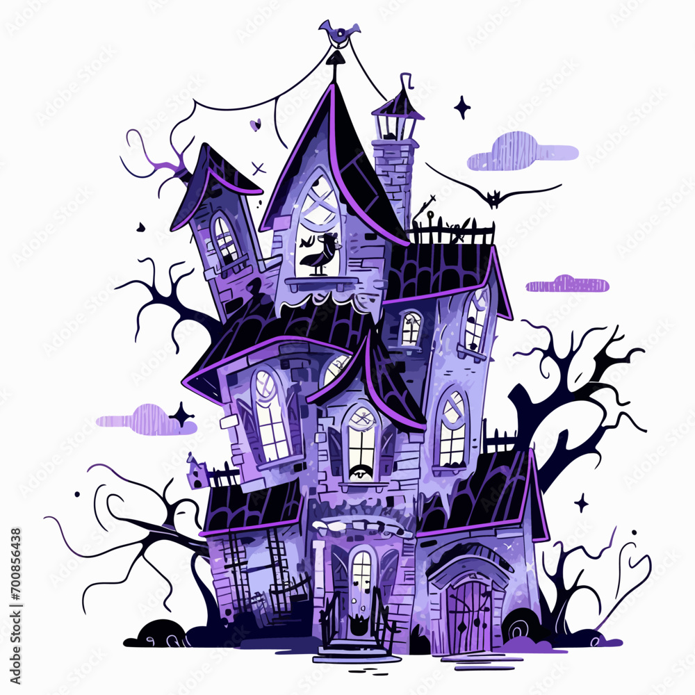 A haunted house draped in cobwebs and adorned with flickering lights. Vector Illustration.