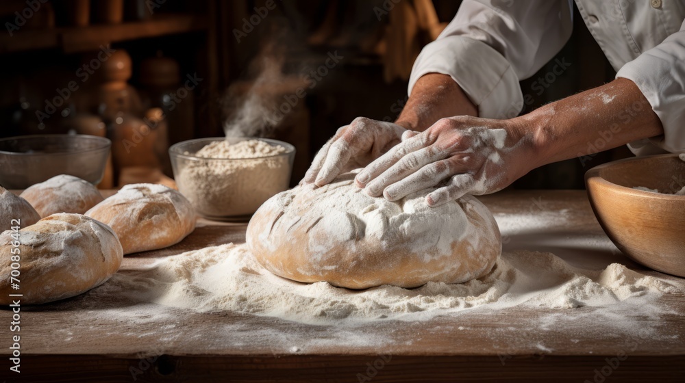 Artisanal Mastery: Captivating Baker's Hands Kneading Dough, Creating Irresistible Rustic Bread Loaves