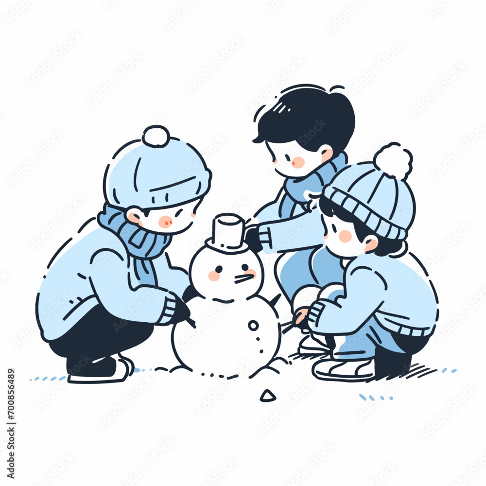 Children making a snowman on a cold Christmas day. Vector Illustration.