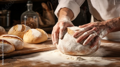 Artisanal Mastery: Captivating Baker's Hands Kneading Dough, Creating Irresistible Rustic Bread Loaves