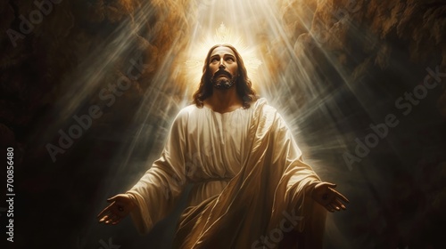 Jesus as the Light of the World, with a radiant aura illuminating the darkness, symbolizing hope, guidance, and divine presence.