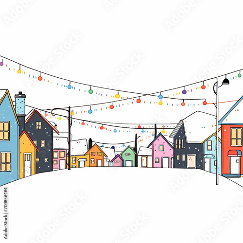 A street lined with homes all aglow with colorful Christmas lights. Vector Illustration.