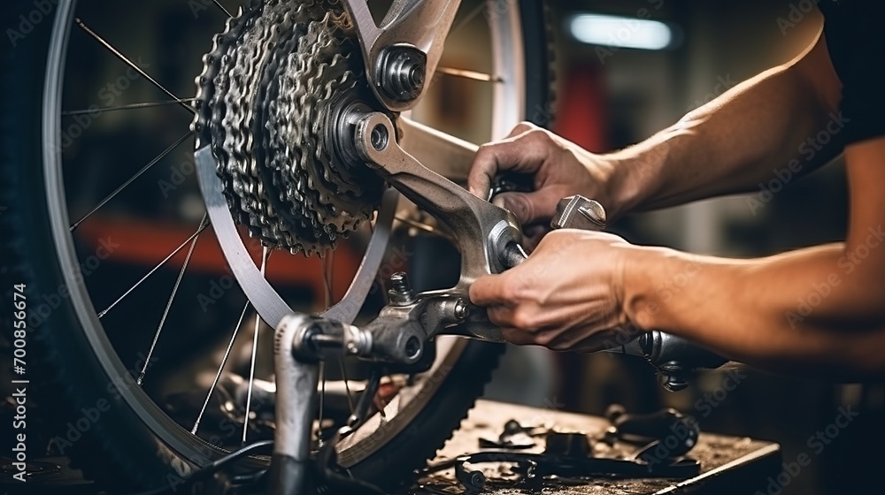 Fototapeta premium Reviving the Ride: Skilled Hands Restore Bicycle Chains with Precision in a Workshop