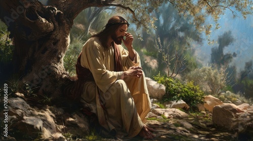 Reverent depiction of Jesus in the Garden of Gethsemane, capturing a moment of prayer and determination. photo