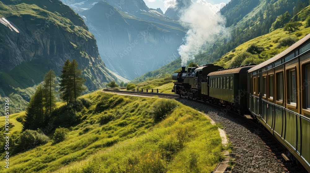 Vintage train traveling through a mountainous countryside