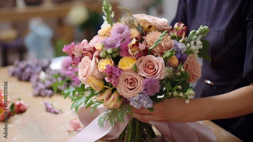 Artisanal Elegance: Skilled Hands Crafting Bespoke Bouquets in a Blossoming Flower Shop