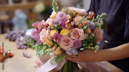 Artisanal Elegance: Skilled Hands Crafting Bespoke Bouquets in a Blossoming Flower Shop