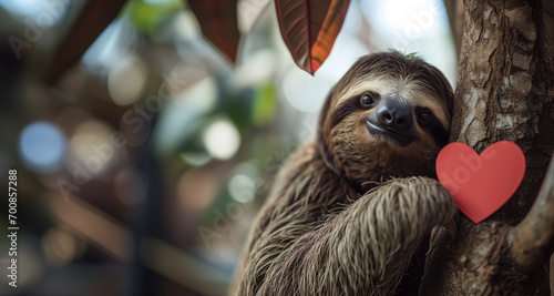  a cute sloth celebrating valentine's day up in the trees photo