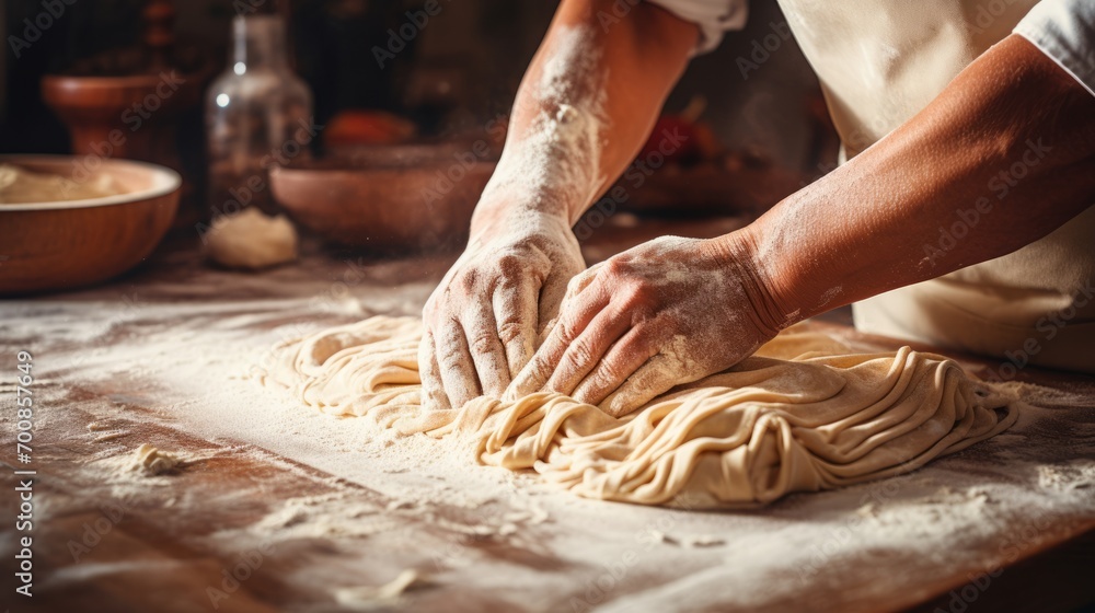 Artisanal Mastery: Hands Crafting Fresh Pasta in a Rustic Kitchen