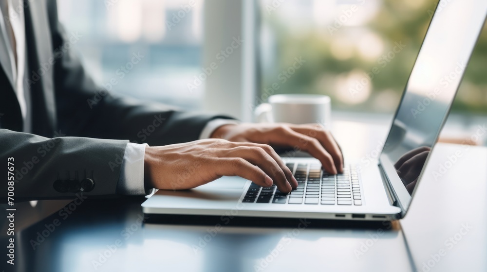 Effortlessly Empowered: Mastering Productivity with Precision - Closeup of Hands Typing on a Modern Laptop amidst a Dynamic Office Environment Effortlessly Empowered: Mastering Productivity with Precision - Closeup of Hands Typing on a Modern Laptop amidst a Dynamic Office Environment