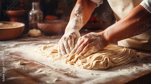 Artisanal Mastery: Hands Crafting Fresh Pasta in a Rustic Kitchen