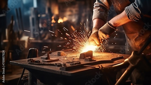 Fiery Artistry: Masterful Blacksmith\'s Hands Shape Metal with Intense Passion, Igniting Sparks of Creativity