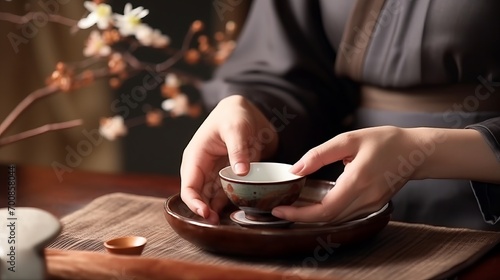 Graceful Ritual: Captivating Hands in a Traditional Tea Ceremony - Embrace Serenity and Elegance with this Exquisite Stock Image