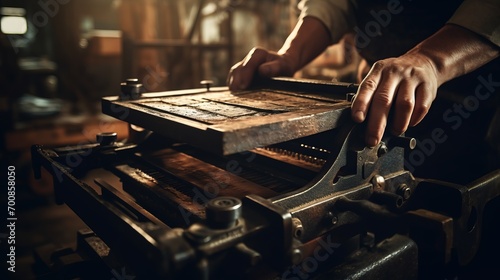 Vintage Artistry Unleashed: Masterful Hands at a Classic Printing Press photo
