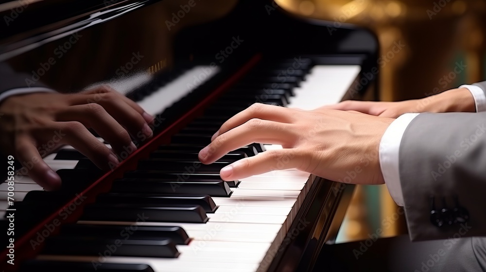 Fototapeta premium Harmonious Melodies: Captivating Hands Dancing Across the Ivory Keys of a Grand Piano