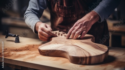 Masterful Artistry: Skilled Woodworker Perfecting a Custom-Made Guitar with Precision and Passion