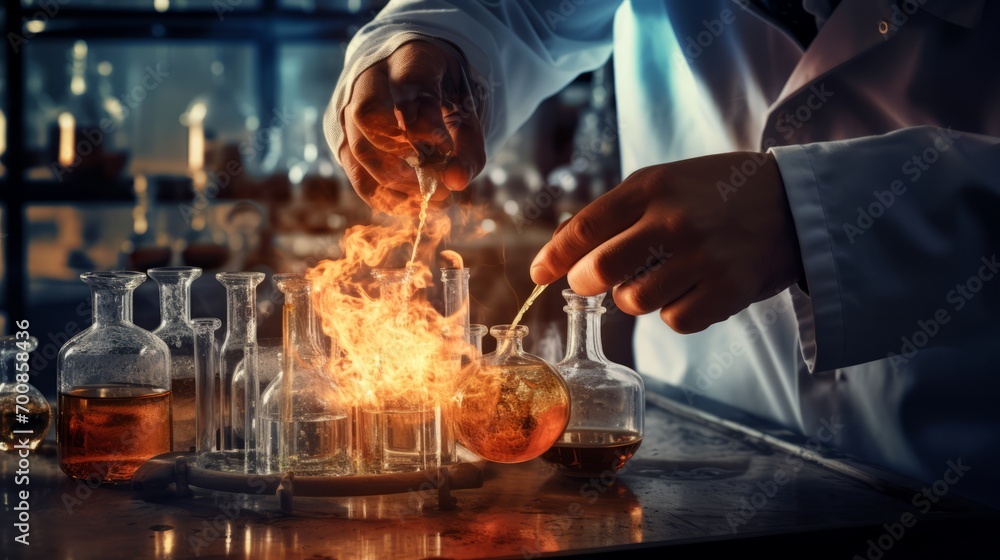 Enigmatic Elixir: A Scientist's Hands Ignite Discovery with Test Tubes and Bunsen Burner