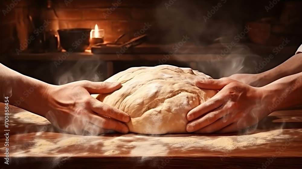 Artisanal Mastery: Captivating Baker's Hands Kneading Dough with Passion and Precision in a Rustic Brick Oven