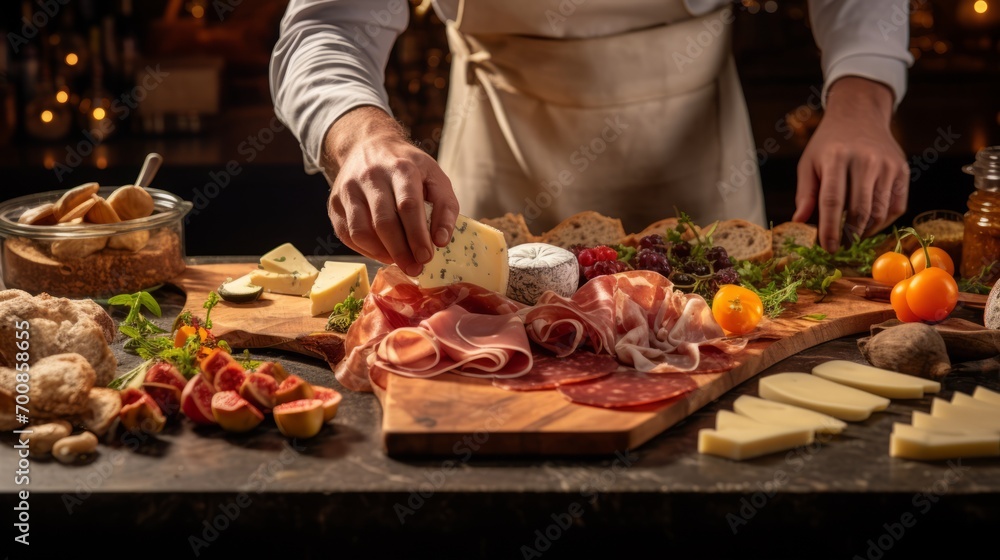 Savor the Artistry: Masterful Chef's Hands Create a Delectable Cheese and Charcuterie Symphony in a Gastronomic Haven