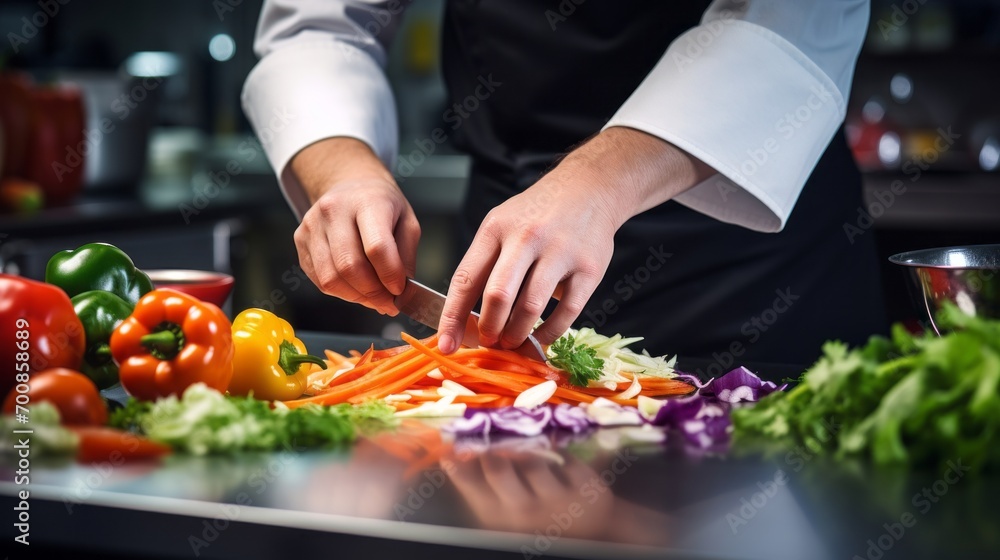 Masterful Culinary Artistry: Expert Chef's Hands Skillfully Slice Fresh Vegetables in a Gleaming Stainless Steel Kitchen - Captivating Food Preparation Stock Image Masterful Culinary Artistry: Expert Chef's Hands Skillfully Slice Fresh Vegetables in a Gleaming Stainless Steel Kitchen - Captivating Food Preparation Stock Image