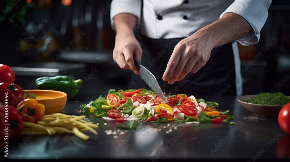 Masterful Culinary Artistry: Expert Chef's Hands Skillfully Slice Fresh Vegetables in a Gleaming Stainless Steel Kitchen - Captivating Food Preparation Stock Image
