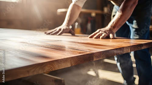 Masterful Craftsmanship: Sunlit Workshop Reveals the Artistry of a Carpenter's Hands Sanding a Custom-Made Wooden Table