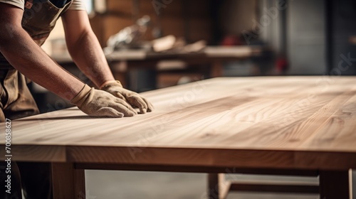 Masterful Craftsmanship: Sunlit Workshop Reveals the Artistry of a Carpenter's Hands Sanding a Custom-Made Wooden Table photo