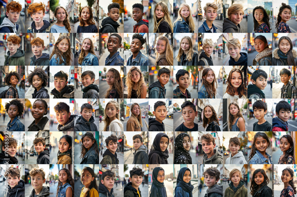 composite portrait of early teens of different cultures headshots, including all ethnic, racial, and geographic types of children in the world outside a city street - obrazy, fototapety, plakaty 