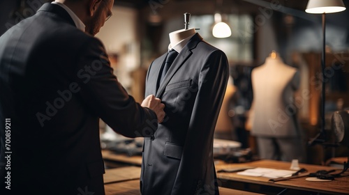 Masterful Precision: Tailor's Hands Expertly Measure Suit Jacket on Mannequin, Showcasing Craftsmanship and Attention to Detail in Workshop Setting