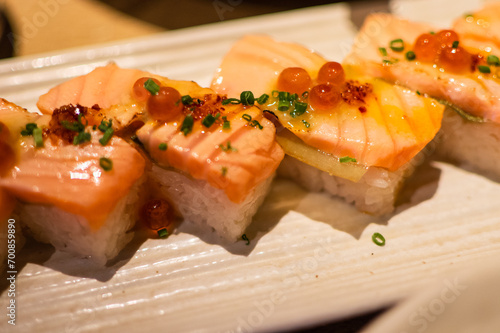 Seared Salmon Sushi with Roe and Chives Japanese Food