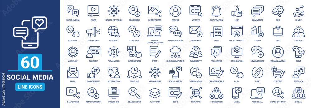 Social media outline icon set. Containing like, share, social network, comment, profile, connection, networking, friends and more. Line icons vector collection. - obrazy, fototapety, plakaty 