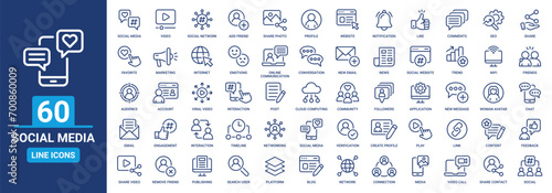 Social media outline icon set. Containing like, share, social network, comment, profile, connection, networking, friends and more. Line icons vector collection. photo