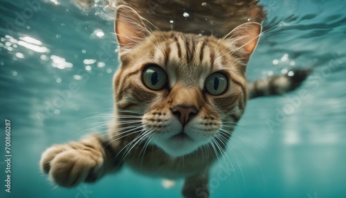 Bengal cat swimming underwater, looking at camera, close up © Maule