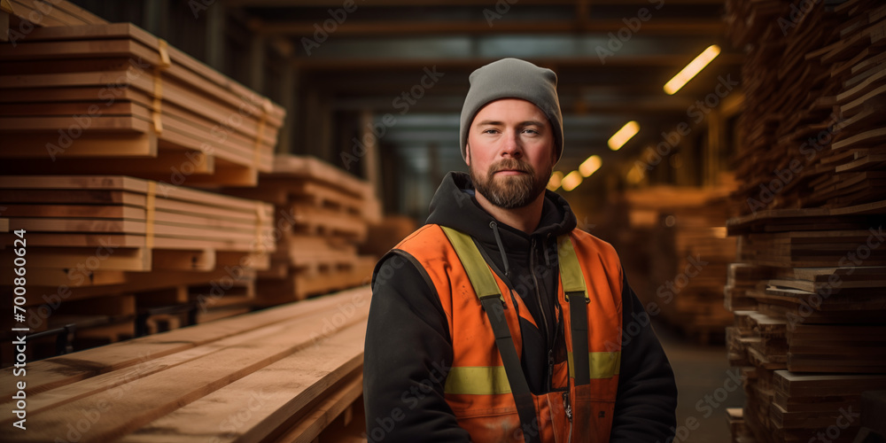 Portrait of a Worker in timber and wood warehouse in reflective west Portrait of a Worker in timber and wood warehouse in reflective west
