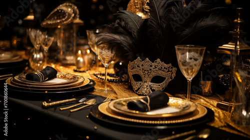 Venice carnival themed party dinner table with glasses mask plates and decoration with venice mask and confetty in gold and black colors photo