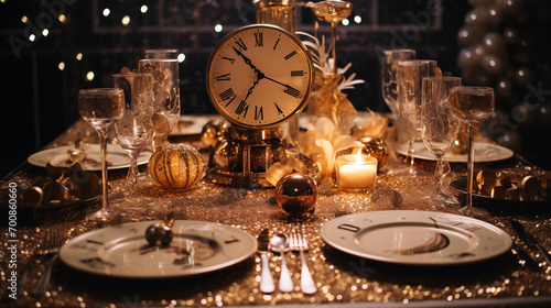 party dinner table with glasses mask plates and decoration with venice mask and confetty in gold and black colors watch clock in the center new year party celebrating © Erzsbet