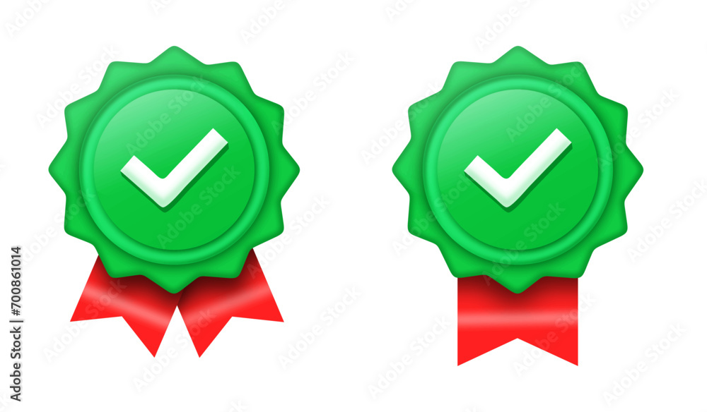 Quality guarantee symbol, Medal button with checkmark, Quality control certification 3d vector. Quality guarantee symbol, Medal button with checkmark, Quality control certification 3d vector.