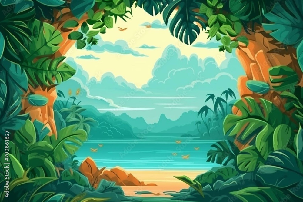 Green leaves framing view of tropical islands, summer vacation background illustration. Generative AI