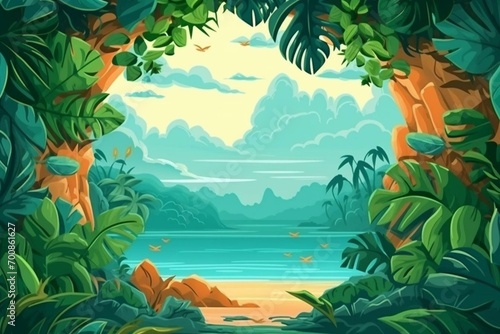 Green leaves framing view of tropical islands  summer vacation background illustration. Generative AI