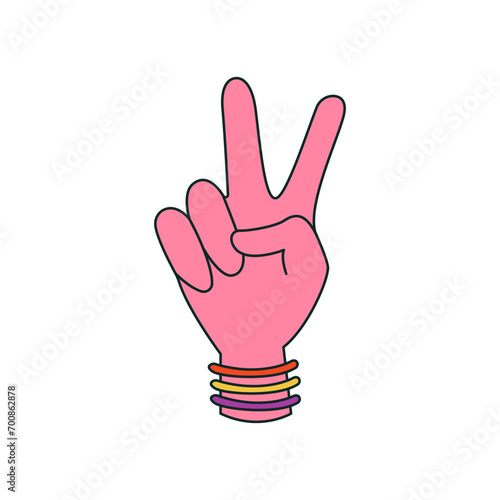 Hand of hippie showing peace sign on white background