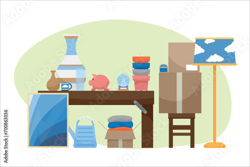 Unwanted stuff for garage sale on white background