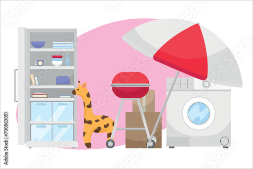 Unwanted stuff for garage sale on white background