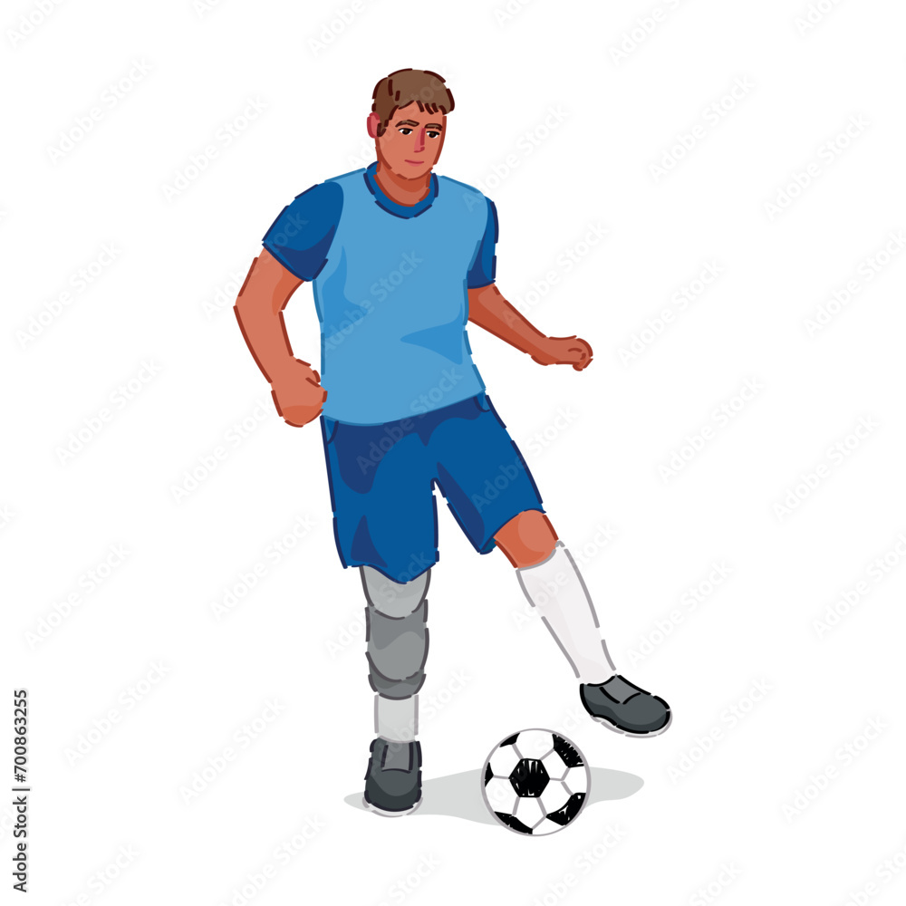 Male football player with physical disability on white background