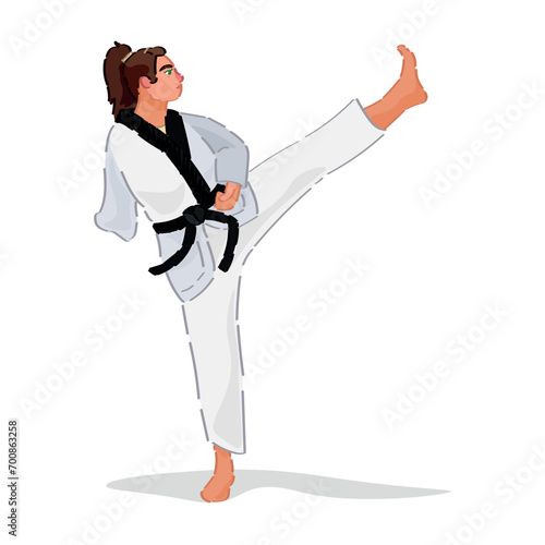 Woman with physical disability practicing karate on white background