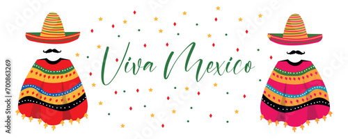 Text VIVA MEXICO with traditional clothes on white background