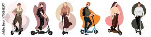 Set of stylish young people with electric kick scooters on white background