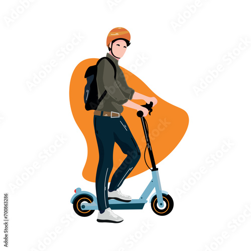 Stylish man with electric kick scooter on white background