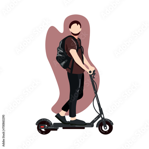 Stylish man with electric kick scooter on white background