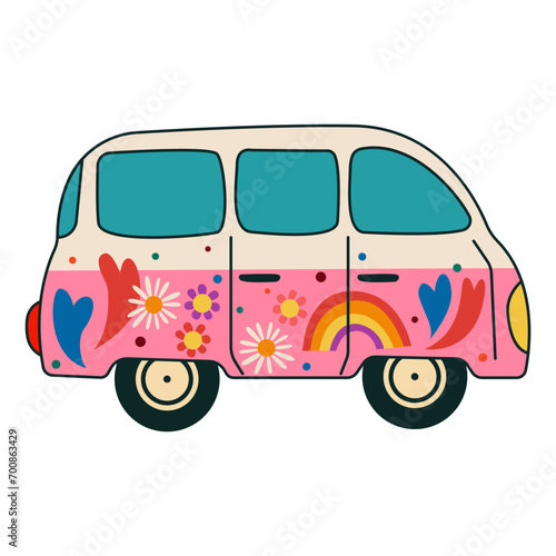 Vintage hippie bus on white...
